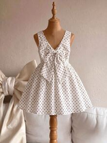 SHEIN Elladie kids 1件装 女童夏季新款露肩无袖波点印花连衣裙，V型露背设计，配有隐形拉链和可拆卸大蝴蝶结，百搭沙滩度假连衣裙 - 杏色 - 查看 2