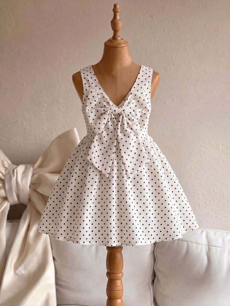 SHEIN Elladie kids 1 buah Gaun Anak Perempuan Putih Motif Polkadot Musim Panas, Tanpa Lengan, Model Bahu Terbuka, Gaun Ulang Tahun, Liburan, Pantai dengan Punggung V & Pita Besar yang Dapat Dilepas - Aprikot - View 2