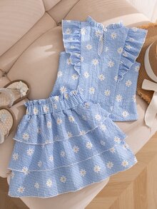 Elladie kids 少女碎花格纹荷叶边上衣和迷你裙休闲日常穿搭 - 淺藍色 - 查看 6
