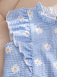 Elladie kids 少女碎花格纹荷叶边上衣和迷你裙休闲日常穿搭 - 淺藍色 - 查看 7