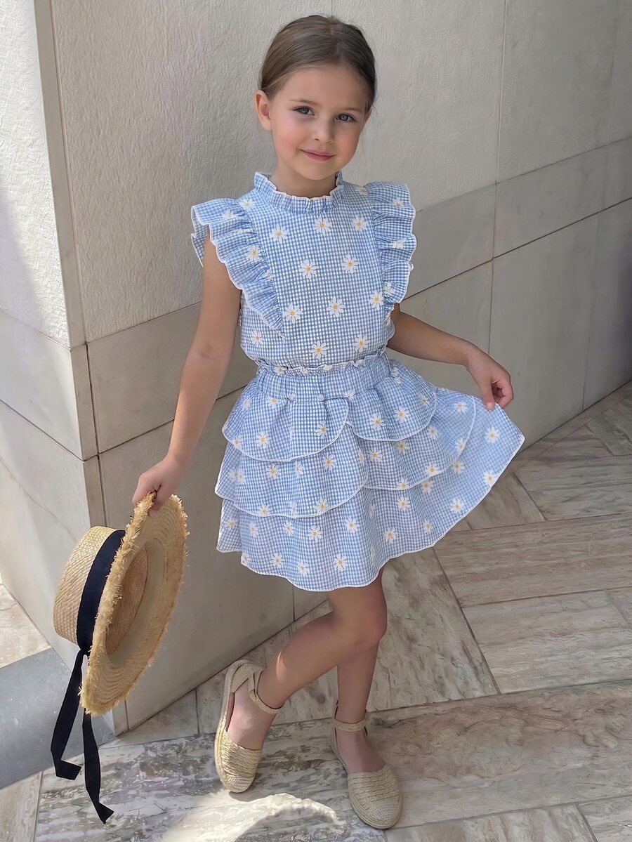 Elladie kids 少女碎花格纹荷叶边上衣和迷你裙休闲日常穿搭