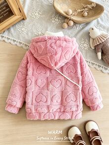 Elladie kids 女童毛絨外套，3D愛心紋理圖案，柔軟可愛，增添甜美少女魅力，毛絨材質，觸感柔軟，穿著舒適，保暖性佳，適合秋冬寒冷天氣，附贈配套可愛斜挎包，小巧時尚，實用且時尚 - 粉色 - 查看 2