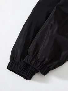 SHEIN Young Girls Cinched‑Waist Hooded Windbreaker Jacket, Fall Winter Cold‑Resistant Zip‑Up Outerwear, Sister Matching Back‑To‑School Casual Young Girls Coat - Black - View 10