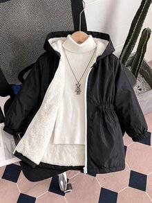 SHEIN Young Girls Cinched‑Waist Hooded Windbreaker Jacket, Fall Winter Cold‑Resistant Zip‑Up Outerwear, Sister Matching Back‑To‑School Casual Young Girls Coat - Black - View 1