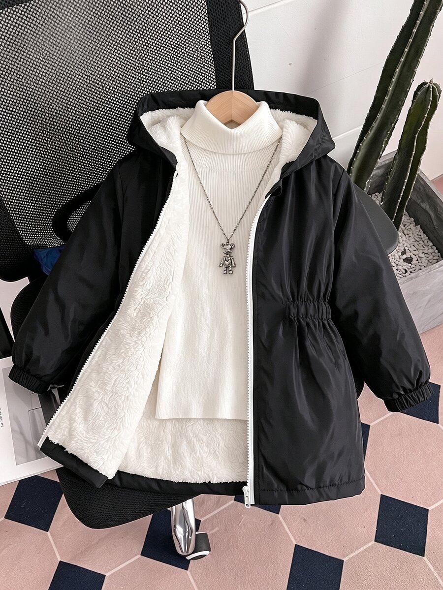 SHEIN Young Girls Cinched‑Waist Hooded Windbreaker Jacket, Fall Winter Cold‑Resistant Zip‑Up Outerwear, Sister Matching Back‑To‑School Casual Young Girls Coat - Black - View 1