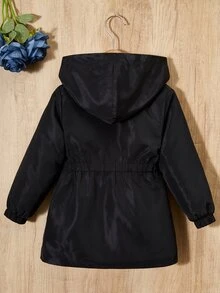 SHEIN Young Girls Cinched‑Waist Hooded Windbreaker Jacket, Fall Winter Cold‑Resistant Zip‑Up Outerwear, Sister Matching Back‑To‑School Casual Young Girls Coat - Black - View 2