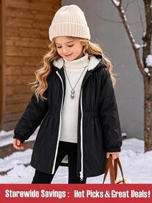 SHEIN Young Girls Cinched‑Waist Hooded Windbreaker Jacket, Fall Winter Cold‑Resistant Zip‑Up Outerwear, Sister Matching Back‑To‑School Casual Young Girls Coat - Black - View 3