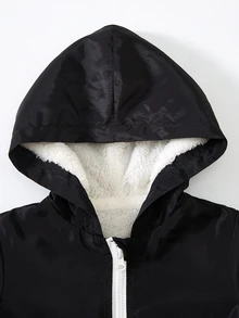 SHEIN Young Girls Cinched‑Waist Hooded Windbreaker Jacket, Fall Winter Cold‑Resistant Zip‑Up Outerwear, Sister Matching Back‑To‑School Casual Young Girls Coat - Black - View 4