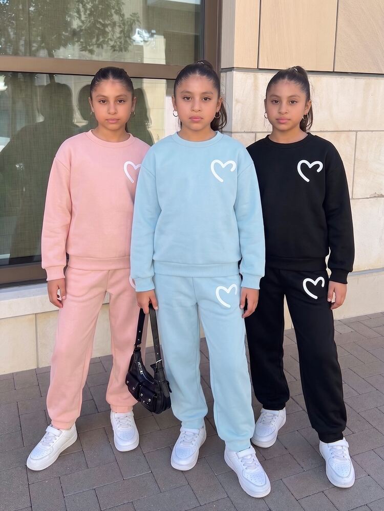 SHEIN 2pcs Tween Girls Heart Print Sweatshirt & Jogger Pants Set, Casual Crew Neck Long Sleeve Tracksuit, Fall Casual School Outfit - Multicolor - View 1