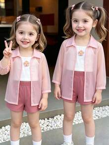 Elladie kids 女孩休閒套裝，甜美粉色度假風 3D 花卉裝飾細肩帶上衣、短褲與外套夾克女童西裝外套三件套 - 粉色 - 查看 5