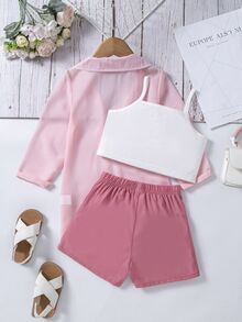 Elladie kids 女孩休閒套裝，甜美粉色度假風 3D 花卉裝飾細肩帶上衣、短褲與外套夾克女童西裝外套三件套 - 粉色 - 查看 3