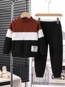 SHEIN YOUNG BOYS 2pcs/Set Casual Colorblock Ribbed Knit Long Sleeve Mock Neck Top & Pants Casual Sweatpants Outfit Fall Winter - Multicolor - View 3