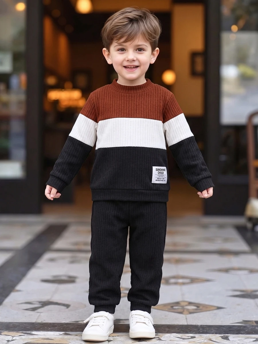 SHEIN YOUNG BOYS 2pcs/Set Casual Colorblock Ribbed Knit Long Sleeve Mock Neck Top & Pants Casual Sweatpants Outfit Fall Winter - Multicolor - View 1