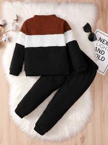SHEIN YOUNG BOYS 2pcs/Set Casual Colorblock Ribbed Knit Long Sleeve Mock Neck Top & Pants Casual Sweatpants Outfit Fall Winter - Multicolor - View 2