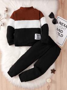 SHEIN YOUNG BOYS 2pcs/Set Casual Colorblock Ribbed Knit Long Sleeve Mock Neck Top & Pants Casual Sweatpants Outfit Fall Winter - Multicolor - View 8