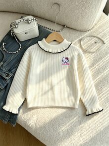 HELLO KITTY AND FRIENDS | SHEIN GraphicGems 女童針織毛衣翻領刺繡純色可愛公主風甜美優雅休閒簡約母女套裝嬰兒白色秋季 - 杏色 - 查看 7
