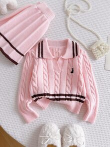 SHEIN Girls Pink Knitted 2 Pieces Set, Cute Embroidered Rabbit Sweater + Mini Skirt, Long Sleeve V-Neck Pullover Twisted Rope, Princess For Autumn - Pink - View 7