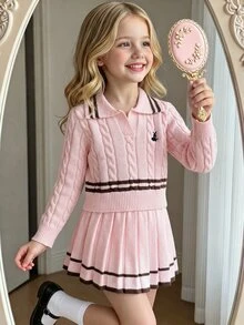 SHEIN Girls Pink Knitted 2 Pieces Set, Cute Embroidered Rabbit Sweater + Mini Skirt, Long Sleeve V-Neck Pullover Twisted Rope, Princess For Autumn - Pink - View 3