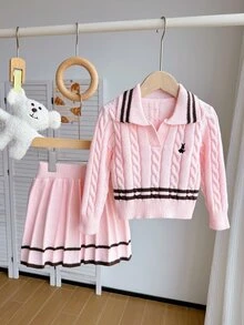 SHEIN Girls Pink Knitted 2 Pieces Set, Cute Embroidered Rabbit Sweater + Mini Skirt, Long Sleeve V-Neck Pullover Twisted Rope, Princess For Autumn - Pink - View 5