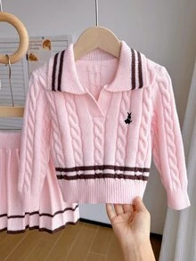 SHEIN Girls Pink Knitted 2 Pieces Set, Cute Embroidered Rabbit Sweater + Mini Skirt, Long Sleeve V-Neck Pullover Twisted Rope, Princess For Autumn - Pink - View 6