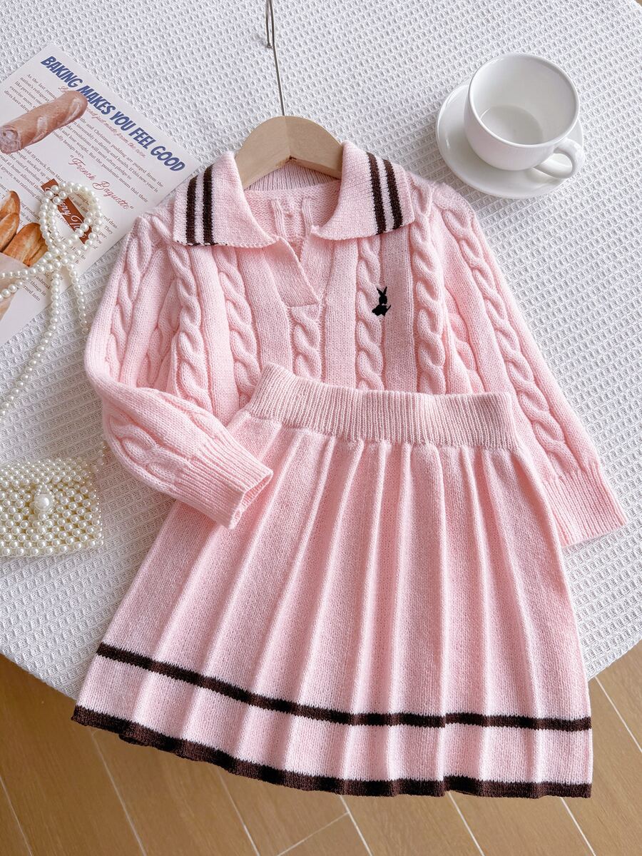 SHEIN Girls Pink Knitted 2 Pieces Set, Cute Embroidered Rabbit Sweater + Mini Skirt, Long Sleeve V-Neck Pullover Twisted Rope, Princess For Autumn - Pink - View 1
