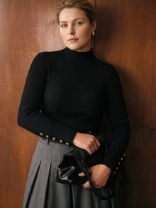 MOTF PREMIUM PLUS SIZE BUTTON DECOR RIBBED KNIT SWEATER WINTER - Black - View 3