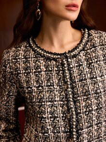 MOTF PREMIUM WOMEN'S AUTUMN/WINTER ELEGANT LADY COMMUTE BANQUET BLACK & WHITE PLAID TWEED BEADED TRIM CROPPED JACKET - Multicolor - View 3
