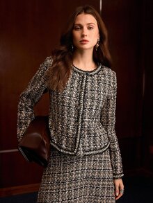 MOTF PREMIUM WOMEN'S AUTUMN/WINTER ELEGANT LADY COMMUTE BANQUET BLACK & WHITE PLAID TWEED BEADED TRIM CROPPED JACKET - Multicolor - View 7
