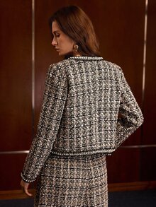 MOTF PREMIUM WOMEN'S AUTUMN/WINTER ELEGANT LADY COMMUTE BANQUET BLACK & WHITE PLAID TWEED BEADED TRIM CROPPED JACKET - Multicolor - View 4