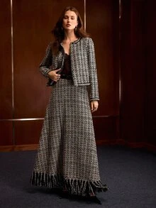 MOTF PREMIUM WOMEN'S AUTUMN/WINTER ELEGANT LADY COMMUTE BANQUET BLACK & WHITE PLAID TWEED BEADED TRIM CROPPED JACKET - Multicolor - View 6