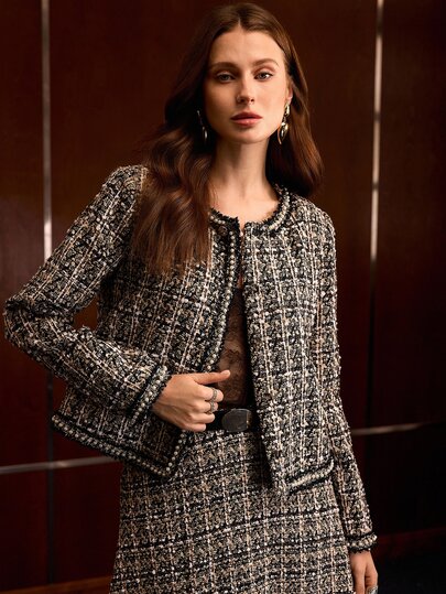 MOTF PREMIUM WOMEN'S AUTUMN/WINTER ELEGANT LADY COMMUTE BANQUET BLACK & WHITE PLAID TWEED BEADED TRIM CROPPED JACKET