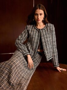 MOTF PREMIUM WOMEN'S AUTUMN/WINTER ELEGANT LADY COMMUTE BANQUET BLACK & WHITE PLAID TWEED BEADED TRIM CROPPED JACKET - Multicolor - View 5