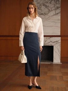 MOTF PREMIUM ELEGANT MINIMALIST STRIPED PRINT SKIRT - Navy Blue - View 5