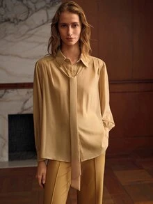 MOTF PREMIUM BLUS ROMANTIS VINTAGE SERBAGUNA WARNA POLOS DENGAN DASI DI LEHER - Aprikot - View 5