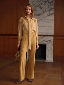 MOTF PREMIUM BLUS ROMANTIS VINTAGE SERBAGUNA WARNA POLOS DENGAN DASI DI LEHER - Aprikot - View 6