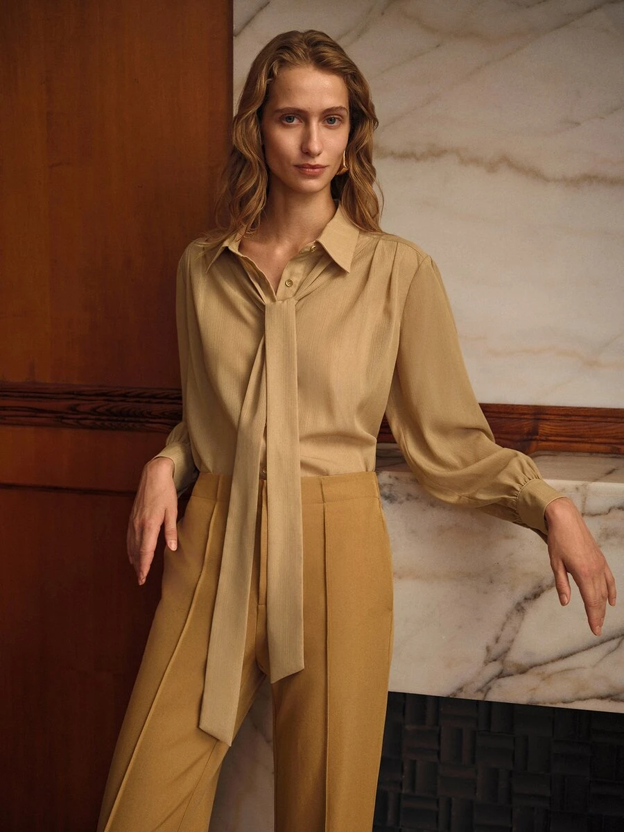 MOTF PREMIUM ROMANTIC VINTAGE VERSATILE SOLID COLOR TIE NECK BLOUSE - Apricot - View 2