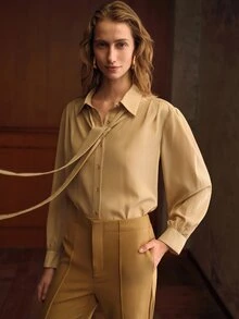 MOTF PREMIUM BLUS ROMANTIS VINTAGE SERBAGUNA WARNA POLOS DENGAN DASI DI LEHER - Aprikot - View 7