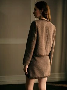 MOTF PREMIUM Mantel Pendek Wol Elegan Wanita dengan Trim Pita, Musim Gugur/Musim Dingin - Khaki - View 4