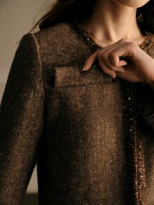 MOTF PREMIUM Mantel Pendek Wol Elegan Wanita dengan Trim Pita, Musim Gugur/Musim Dingin - Khaki - View 8
