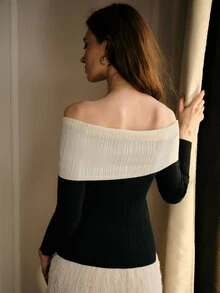 MOTF PREMIUM WOMEN COLORBLOCK RUCHED FOLDOVER OFF SHOULDER FAUX PEARLS SLIM FIT SWEATER - Black - View 8