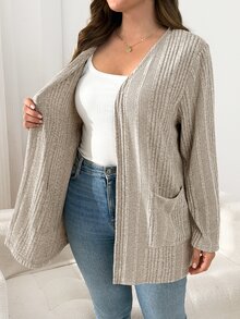 SHEIN Essnce 大尺碼女款秋冬時尚休閒保暖舒適彈性磨毛布料杏色開襟衫，適合秋季穿搭，辦公室外套 - 卡其色 - 查看 3