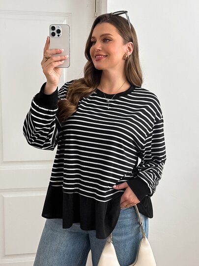 SHEIN Essnce Kaos Kasual Lengan Panjang Bergaris Leher Bulat Bahu Longgar untuk Wanita Ukuran Plus