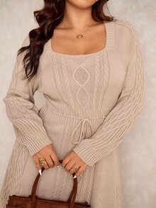 Elaquor 大尺碼女款休閒得體優雅扭繩針織抽繩腰圍毛衣洋裝，秋冬穿搭，適合母親節、約會、正式場合與辦公室，桃色 - 卡其色 - 查看 6