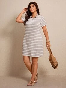 Elaquor 大码条纹Polo领短袖连衣裙，女士新款Polo衫连衣裙，女士休闲野餐连衣裙，女士商务休闲装，大码女装 - 杏色 - 查看 5