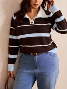 Elaquor Top de punto a rayas con bloques de color talla grande - Multicolor - Ver 5