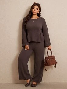 Elaquor Plus Size Women Solid Color Round Neck Bell Sleeve Sweater And Knitted Pants Casual Set - Brown - View 6