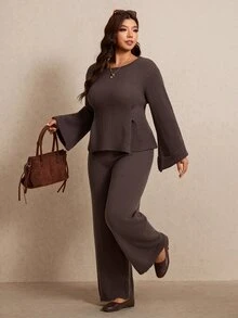 Elaquor Plus Size Women Solid Color Round Neck Bell Sleeve Sweater And Knitted Pants Casual Set - Brown - View 4