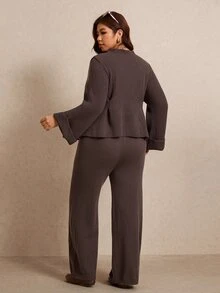 Elaquor Plus Size Women Solid Color Round Neck Bell Sleeve Sweater And Knitted Pants Casual Set - Brown - View 3