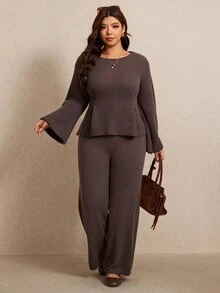 Elaquor Plus Size Women Solid Color Round Neck Bell Sleeve Sweater And Knitted Pants Casual Set - Brown - View 7
