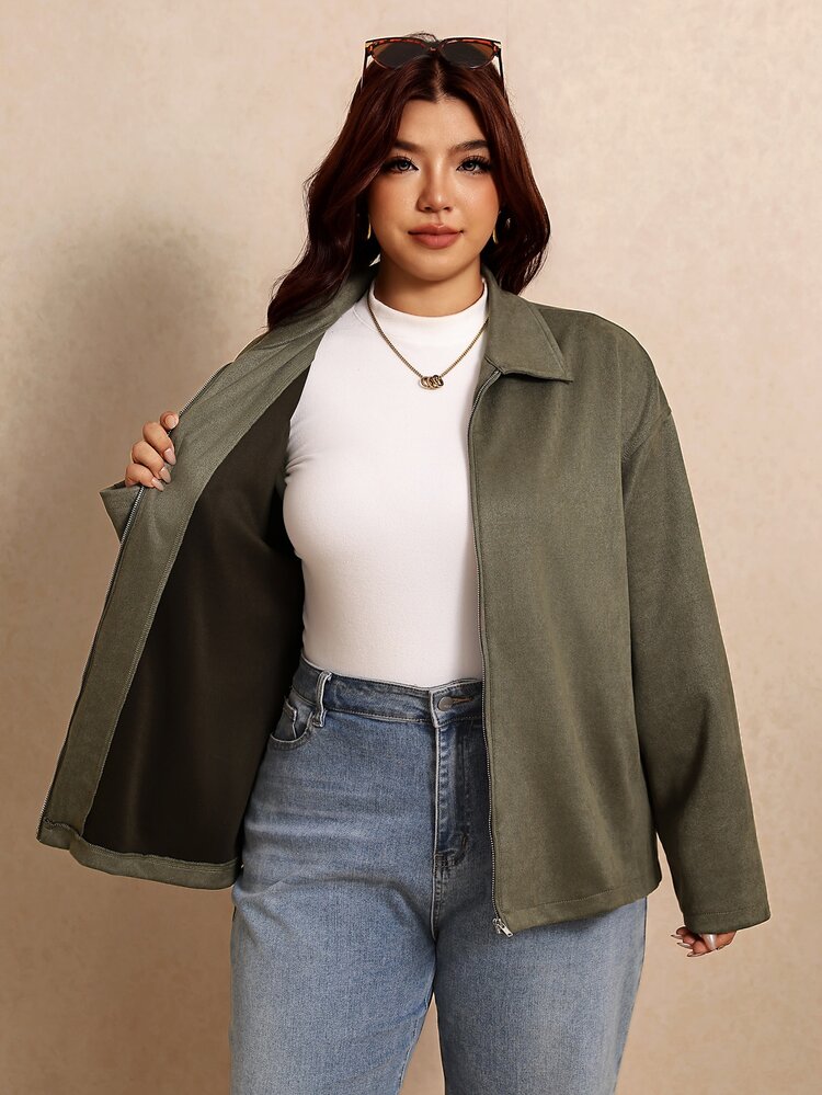 Elaquor Plus Size Women's Solid Color Dropped Shoulder Long Sleeve Zip Front Jacket - Olive Green - View 7